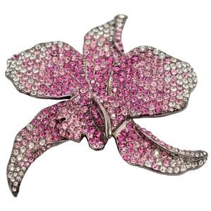 PJM Crystal Flower Brooch Pin 4" Rhinestone Pink Gunmetal Vintage Signed BinV